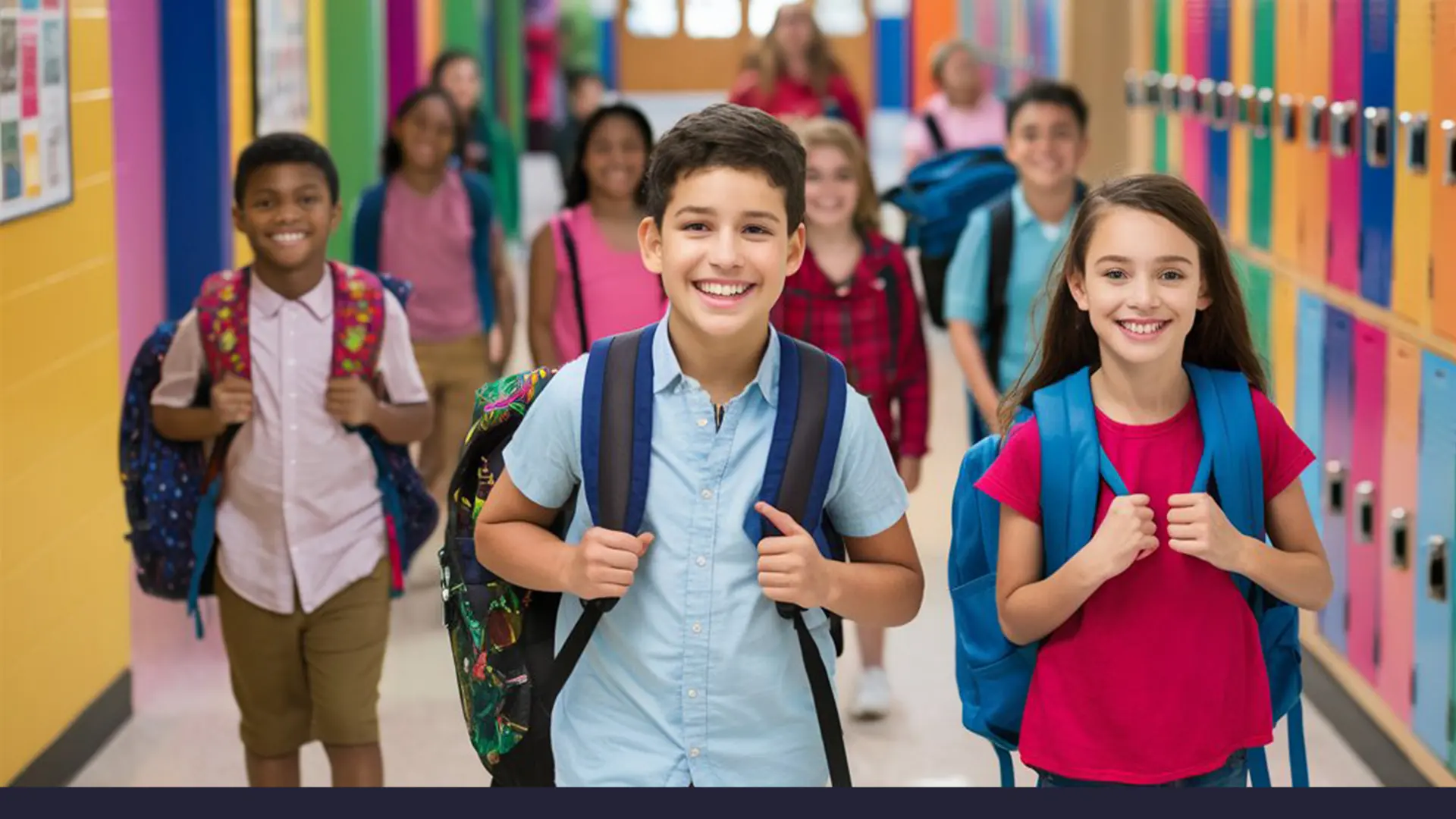 Smiling elementary students walking together in a colorful school hallway